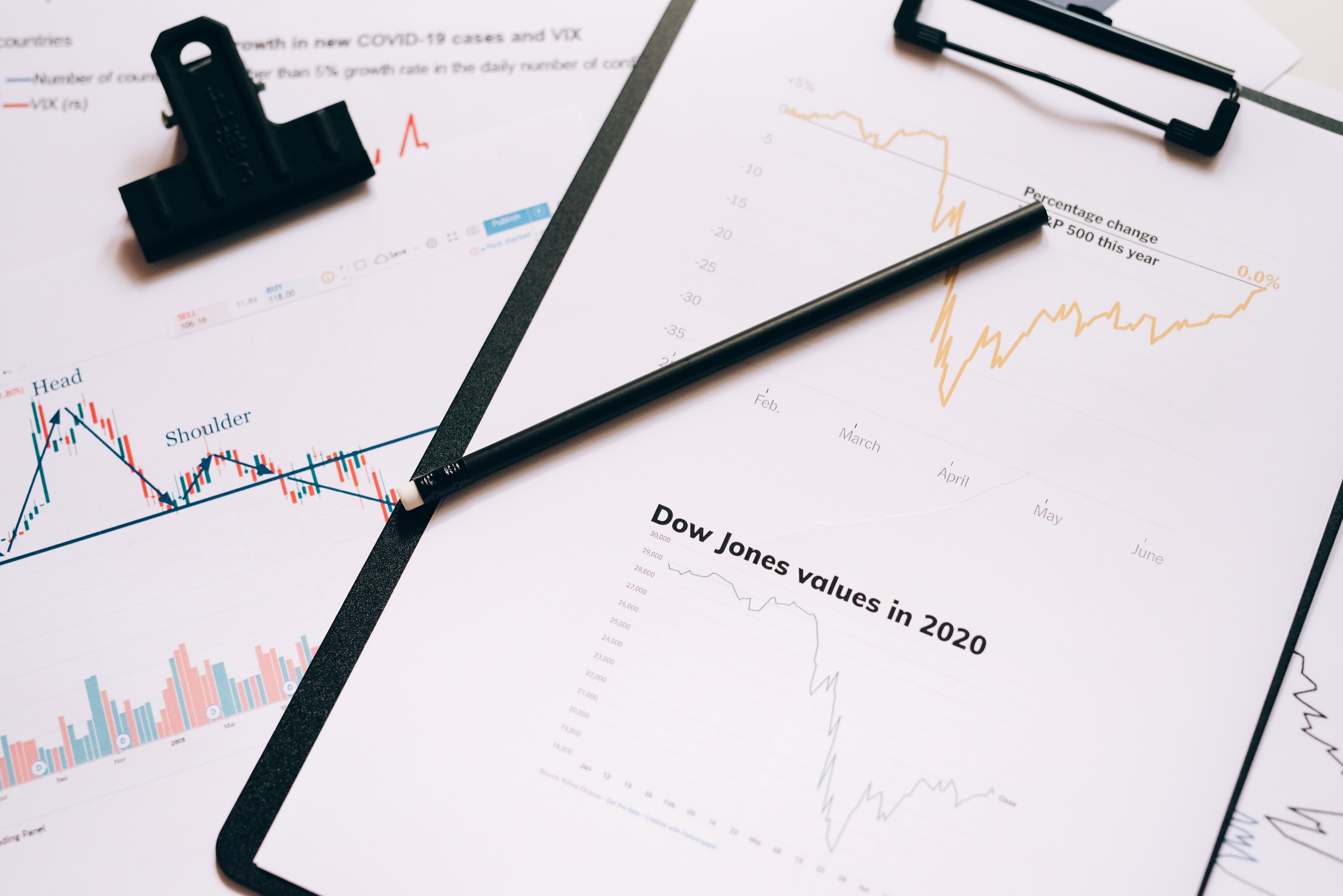 Clipboard with stock market charts and graphs representing financial data analysis for a law firm